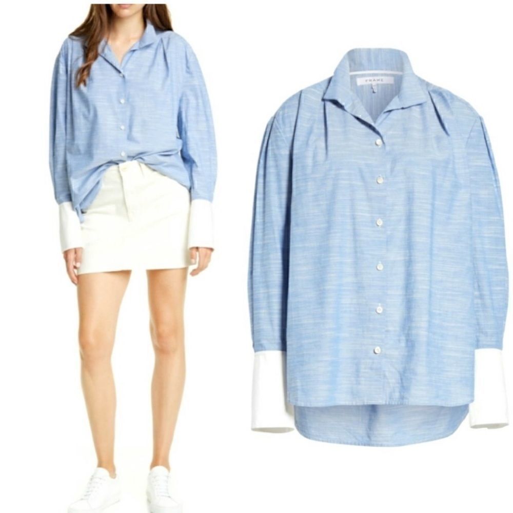 Frame Oxford Blue Pleated Contrast Cuff Button Up - Picture 3 of 11
